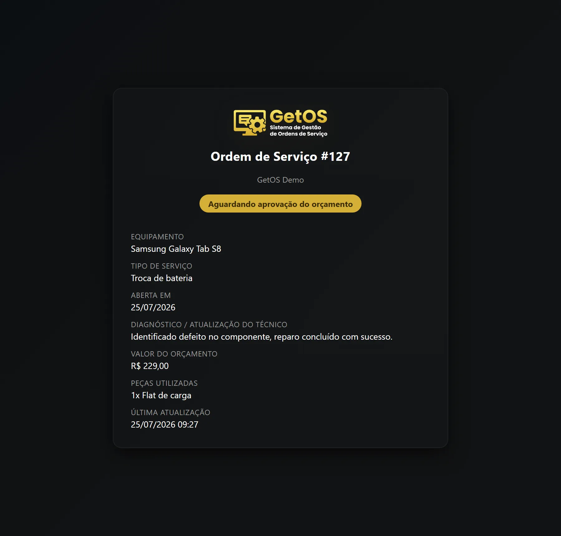 Página pública da OS que o cliente acessa sem login